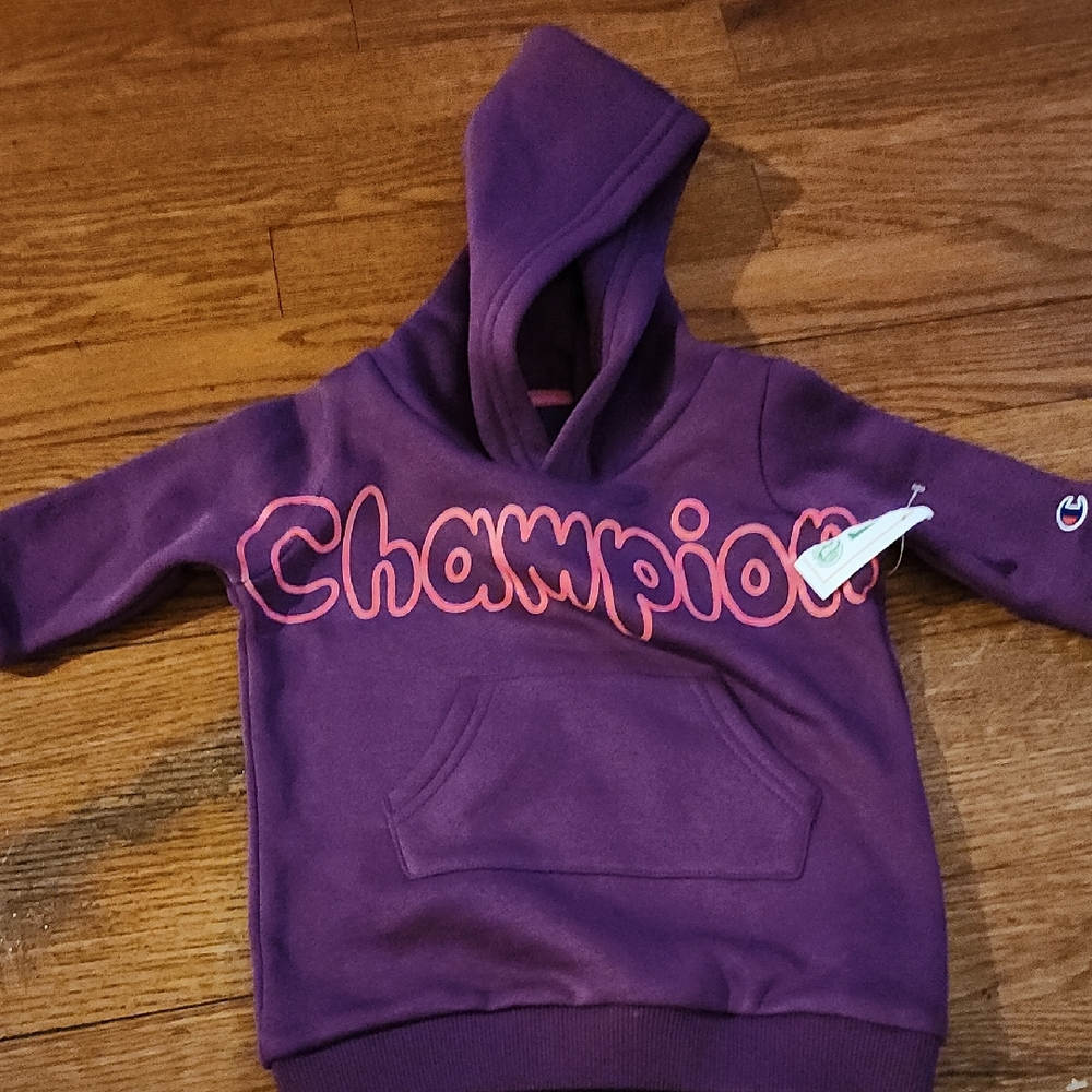 Champion Purple Hoodie with Pink Script Logo